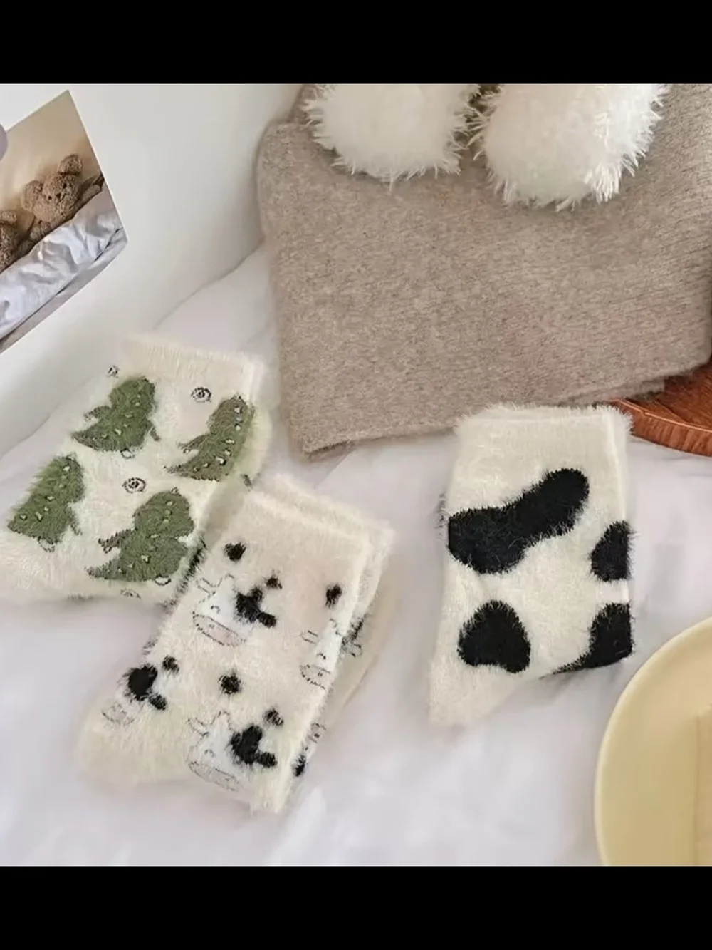 Cozy Cow Print Fuzzy Socks - White and Black Plush Crew (Set Of 3)